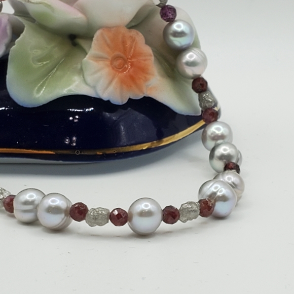 Raw Diamond, Red Sapphire, and Pearl Sterling Bracelet - Picture 3 of 16